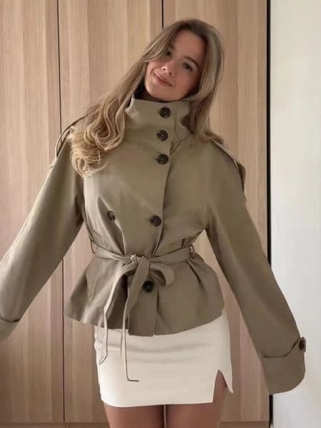 Womens Trench Coat Double Breasted Belted Waist Cropped Stand Collar Chic Autumn Street Outerwear Casual Shoulder Epaulets 251030
