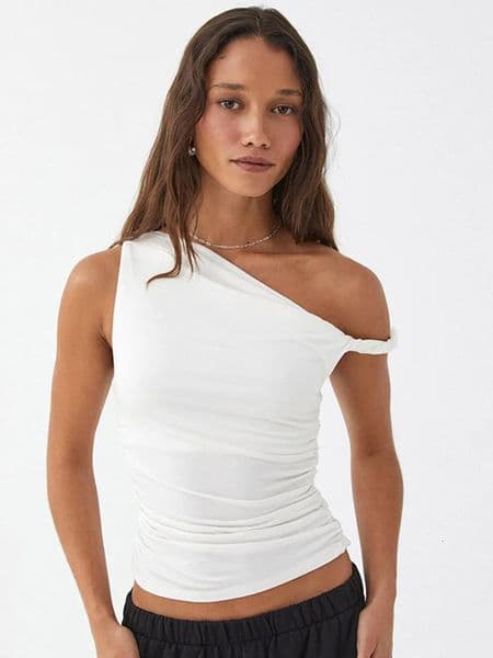 Simple Basic Casual Summer Tank Top Sleeveless Solid Color Off Shoulder Side Ruched Crop Tops Vestidos Spring Women T S 250407