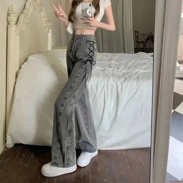 Vintage Lace Up Jean Korean Chic Y2K Straight Denim Pants Autumn Streetwear High Waist Female Wide Leg Trousers 251104BANJIA