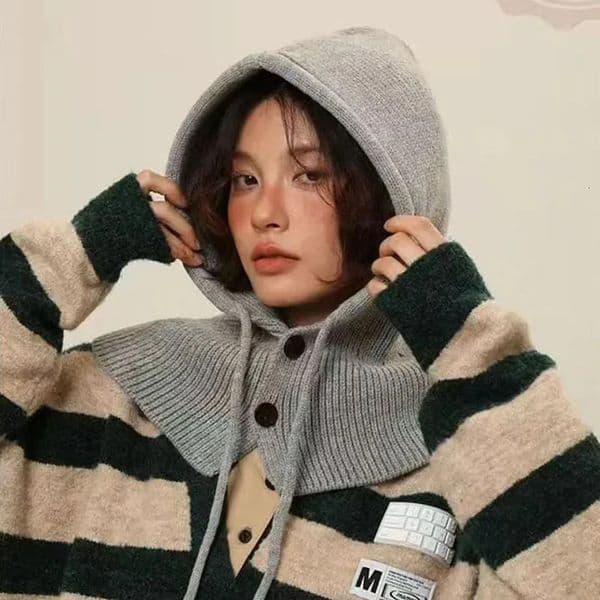Korean Balaclava Hat in Autumn and Winter Warm Knitted Ear Protection Neck Hooded Womens Fashion Scarf Integrated Woolen Hat 251107