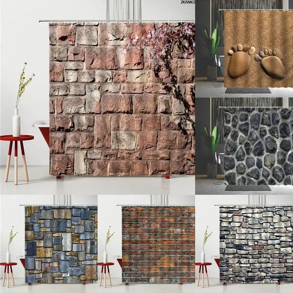 3D Printing Brick Pattern Shower Curtains Set Vintage Stone Brick Wall Polyester Fabric Hanging Curtain Bathroom Curtain HOOKS 251106