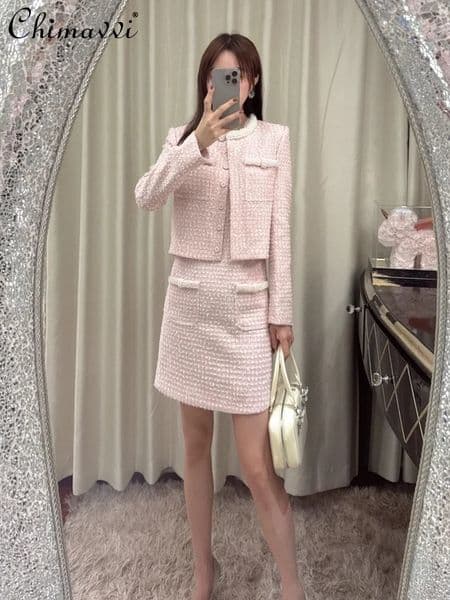 High-end Fashion Pearl Pink Tweed Long-sleeved Jacket Cardigan Slim Elegant Sleeveless Dress Sets Spring Two-piece Women Outfits 251106