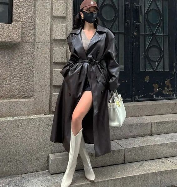 Women Faux PU Leather Coats Turn Down Collar Black High Waist Lace Up Long Jackets Casual Elegant Y2k Maxi Loose Windbreak 251103