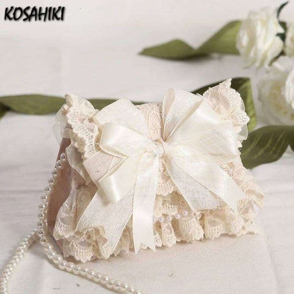Sweet Y2k Aesthetic Fashion Fairy Shoulder Bag Lolita Elegant Kawaii Bow Women's Handbag Korean Cute Pearl Chain Crossbody Bags