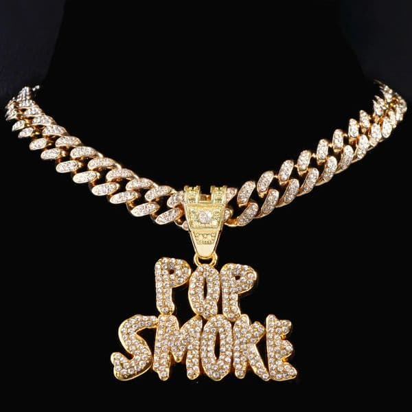 Fashion Men Wome Bling Iced Out POP SMOKE Letter Pendant Necklace With 13mm Cuban Link Chain Choker Necklace Hip Hop Jewelry 251107
