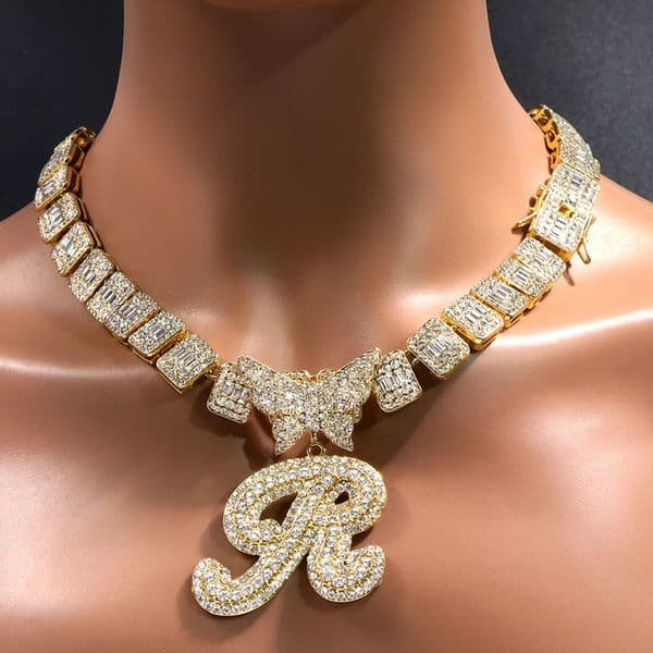 Square Baguette Tennis Cuban Chain Full Rhinestone Butterfly Cursive Letter 26 Initials Cuban Necklace For Women Jewelry 251107