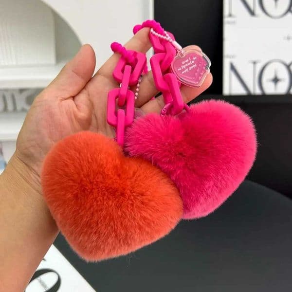 7cm natural fur heart-shaped ball charm keychain womens creative soft bag pendant cute plush toy keychain Valentines Day giftXJ250409