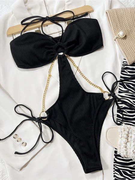 Sexy lace camisole metal chain onepiece swimsuit womens Monokini long leg cut bathtub K4572 250409