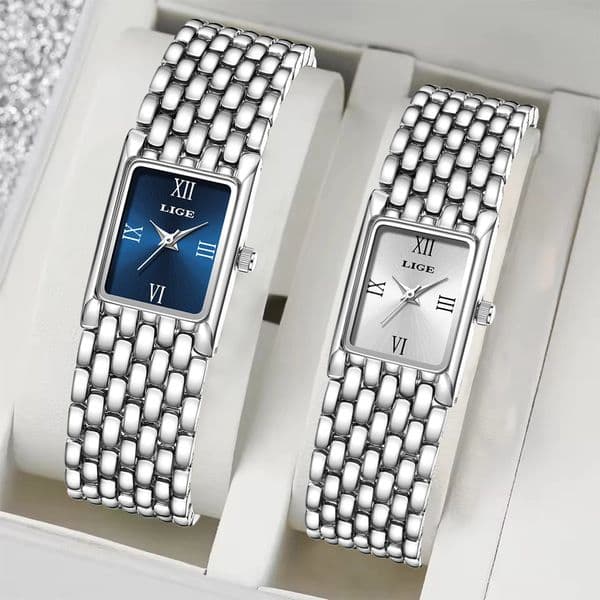LIGE Ladies Watch Fashion Quartz Wristwatch Silver Simple Square Women Watches Stainless Steel Folding Clock 251107