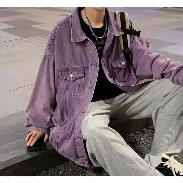 Purple American Style Vintage Denim Jacket For Men Women Trendy High-end Feel Rough Tough Streetwear Clothing 250408
