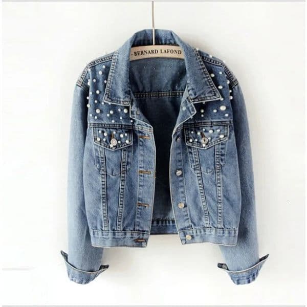 Womens Short Denim Jacket Beaded Pearl Loose SpringSummer 250409