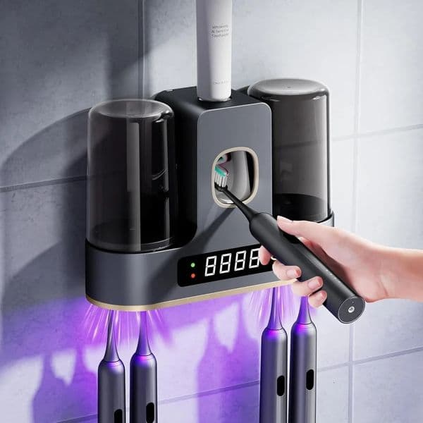 Toothbrush Holders for Bathrooms with Air-Drying Toothbrush Sanitizer Holder with Smart Countdown LED Screen 2 Cups Electric 251106BJ