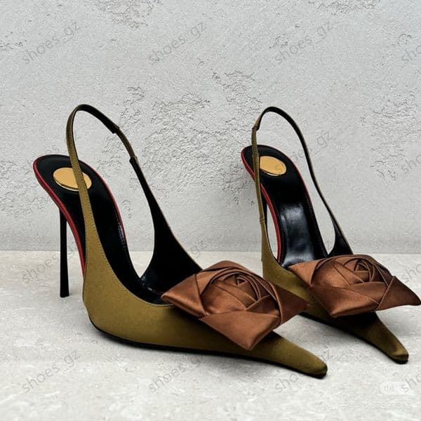 Luxury women pointed toe Party shoes Slingbacks 105mm Pointed Toes satin Flowers decoration Wedding Dress shoes 5.5cm Women sandals High heel Bring box 35-42