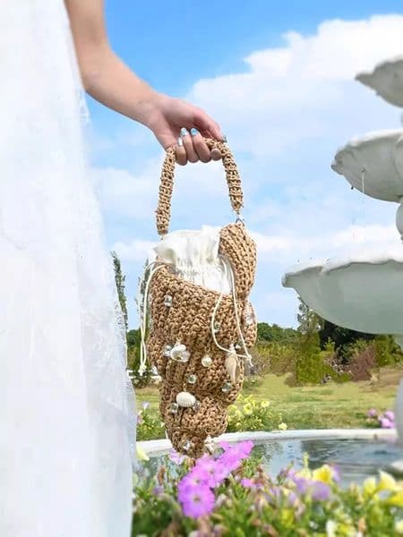 y Conch Straw Bag Diamond Shell Beach Womens Handbag Summer Crochet Hook Croissant Handmade Ice Cream Clutch 250408