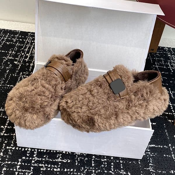 Autumn Winter Series Cotton Slippers Womens Shoes Wool Back Step Bun Shoes Retro Brown Thick Bottom Warm Cotton Shoes Lamb Wool Upper Rubber outsole