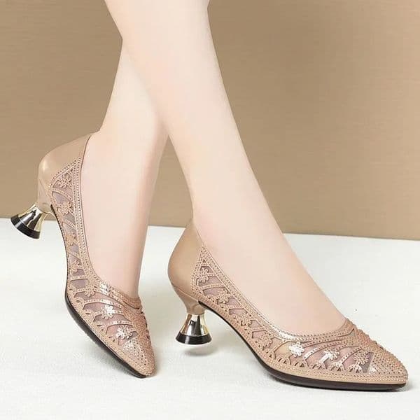 zapatos de mujer women cute square heel golden high quality mesh breathable slip on high heel shoes lady casual black pump ga102 251106