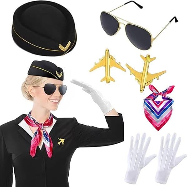 Six pieces of female flight attendant uniform accessories, flight attendant uniforms, berets, sunglasses, scarves, gloves and pins are for festival decoration items