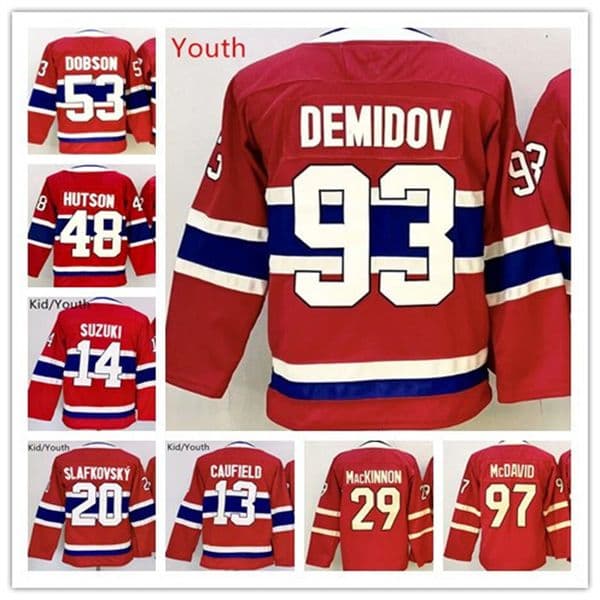 Youth Kids Canadiens Hockey Jersey #93 Ivan Demidov Lane Hutson Juraj Slafkovsky Nick Suzuki Cole Caufield Dobson Home Red Hockey Jerseys
