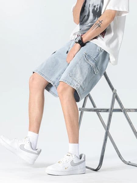 summer mens denim shorts light blue fashionable multi pocket loose casual cargo 92% pure cotton straight 250409
