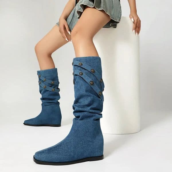 Rivet Belt Flat Bottom Boots Pointed Denim Blue Calf 4cm High Mid Length Boots Suede Short Plush Winter Shoes 35-43 251106