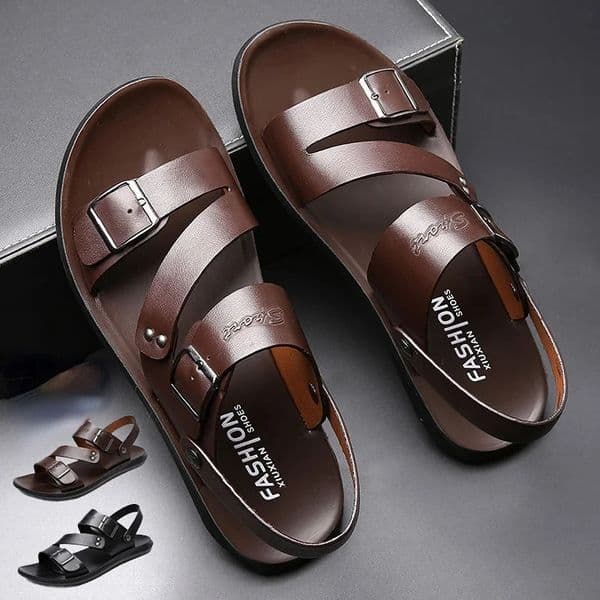 Fashion Sandals Male Solid Color PU Leather Men Shoes Summer Comfortable Open Toe Leather Mens Sandals Beach Leather Footwear 250408