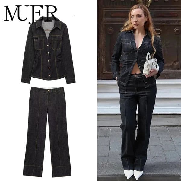 MUJER 2025 Denim Womens Pants Sets Button up Shirt Two Piece Outfits Woman High Waist Womens Trousers Suits Spring Lady Sets 251105