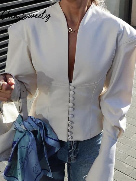 Urban White Women Blazer Coats Elegant Single Breasted V-neck Long Sleeve Female Jacket 2025 Autumn Office Lady Outwears 251106