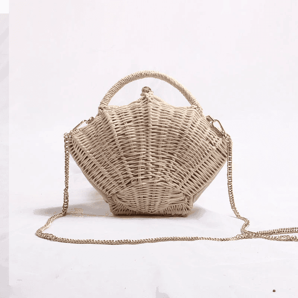 Winter woman designer hard handbag single shoulder shell-shaped chain small straw bag rattan woven bags khaki
