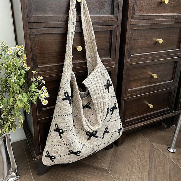 Butterfly knot knitted womens bag ecofriendly Korean folding shopping Y2K crochet rope shoulder Sweet handbag Ins 250408