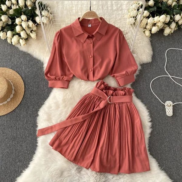 Two Peice Set For Women Summer Turn Down Collar Crop Top Shirt Pleated Mini Skirt Set Tracksuit Lounge Club Outfits Streetwear 250408