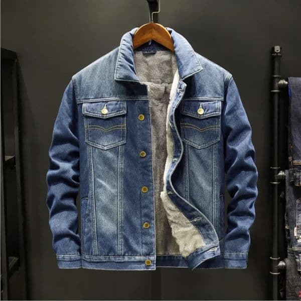 Mens denim jacket single chest cardigan lapel loose solid pockets casual thick patchwork buttons 250409BJ