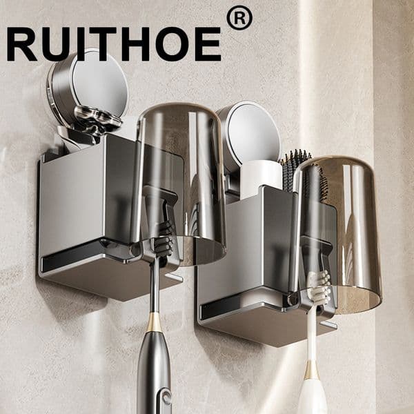 Metal Toothbrush Rack Multi-Function Toothbrush Holder Punch-Free Toothpaste Holder Wall-Mounted Bathroom Storage Box white 251106