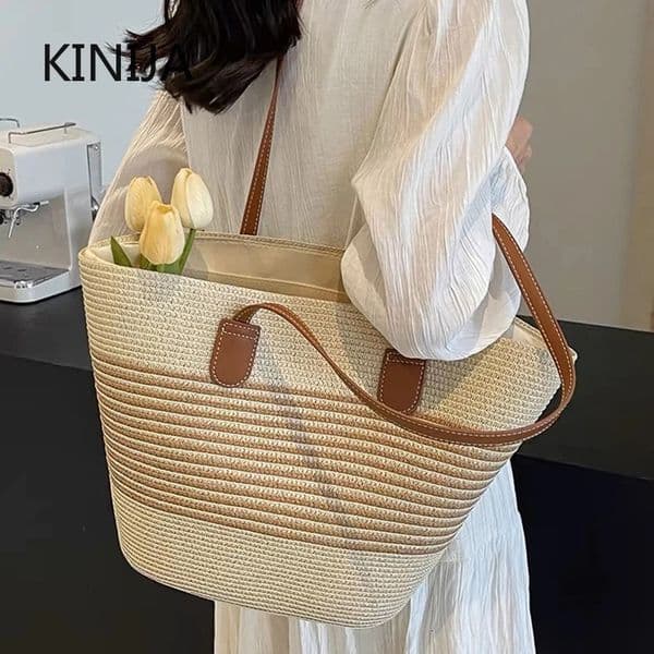 Summer striped handbag straw bag womens beach outdoor travel vacation large capacity shoulder 250408BJ