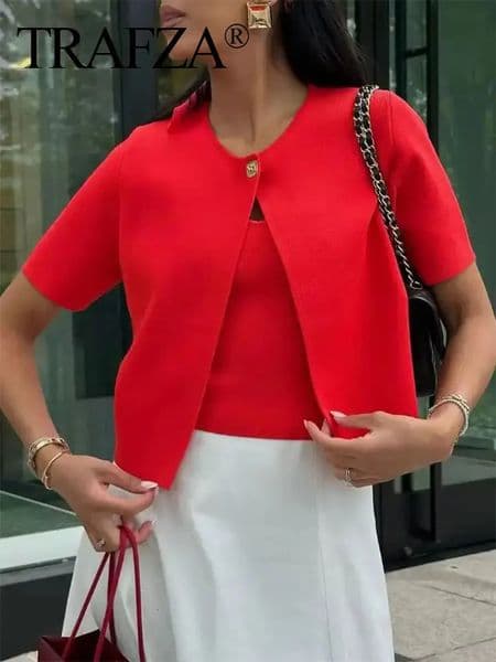 TRAFZA Women Elegant Solid Cardigan Coat Jackets Short Sleeve Metal Button Thin Knitted Shirt Female Y2K Cropped Top Outwear 250409