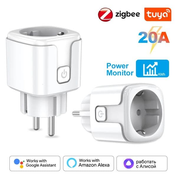 Tuya Zigbee Smart Socket European Plug 20A with Power Metering Alexa Voice Mobile APP Remote Control Google Home Yandex Alice 250402