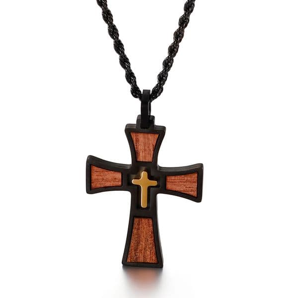 Retro Multi-layer Cross Pendant Necklace 316L Stainless Steel 18K Gold Plated Mens Religion Jewelry