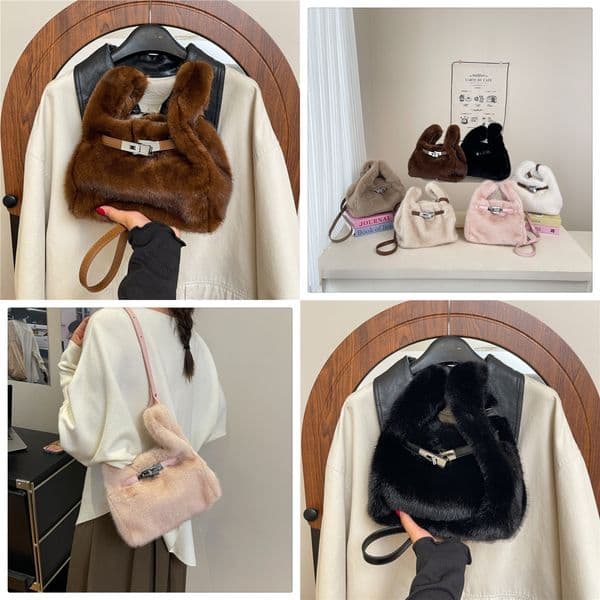 Shoulder bag Shopping bag womens handbag lady Faux fur Fluffy Niche design Handbag Niche design Statement piece Cream-colored Textured piece