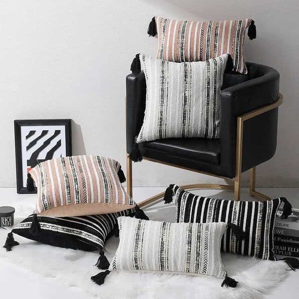 Simple Chenille Throw Pillowcase 50X50 Yarn-Dyed Jacquard Stripe Geometric Fringe Sofa Pillow Cushion Cover Cojines Decor Home Y251110