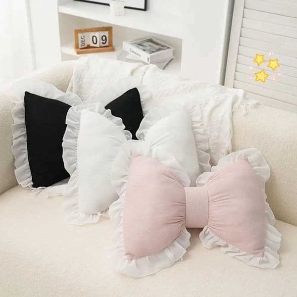 Pillow Case Pink Bow-shaped Pillow Ruffle Lace Decor Plush PP Cotton Filling Pillow Bed Couch Sofa Support Pillow Car Seat Companion Pillows Y251110