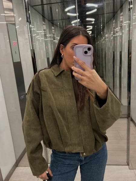 Women Fashion Green Suede Leather Short Jacket Oversized Zipper Long Sleeve Pockets Bomber Coat Lady Motorcycle Outwear 2025 250409