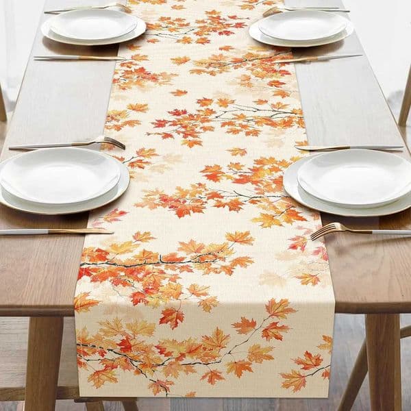 Fall Harvest Branches Maple Leaves Linen Table Runner Party Decor Farmhouse Kitchen Dining Table Runner Thanksgiving Decorations H251110
