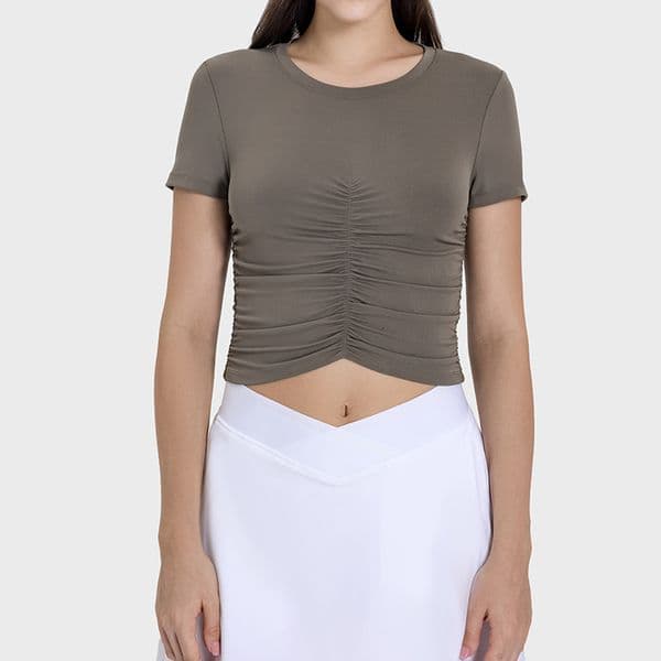 Women Yoga Tops Cew Neck Finess Pleated Short Sleeve Crop T Shirt Lightweight Workout Summer Top