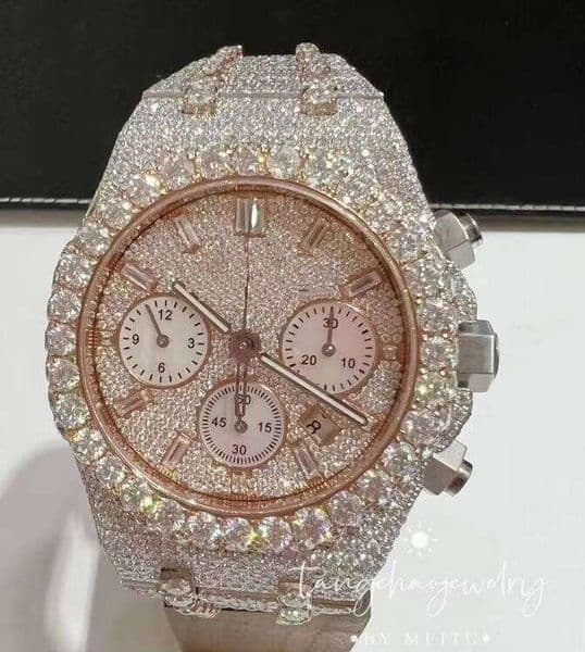 VVS1 Rose Gold Moissanite Diamond Unique Quartz Watch 42MM Stainless Steel with Full Bust Design for Adults