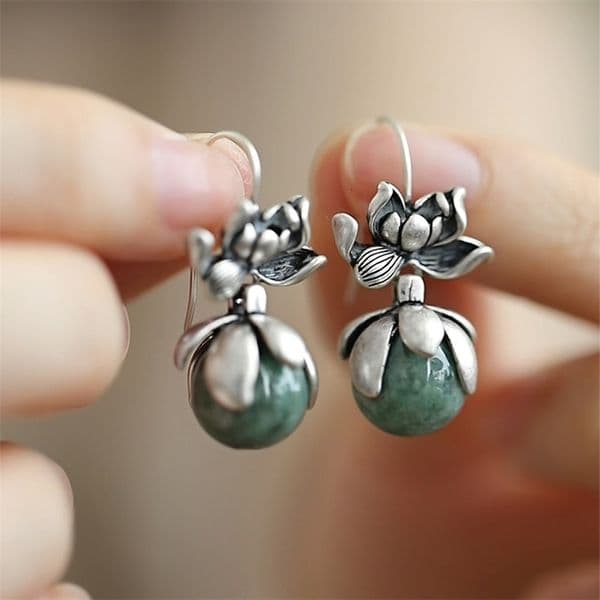 Fresh and retro silver 925 natural an Jade round bead earrings for women ethnic style flower earings cheongsam jewelry 251131ww