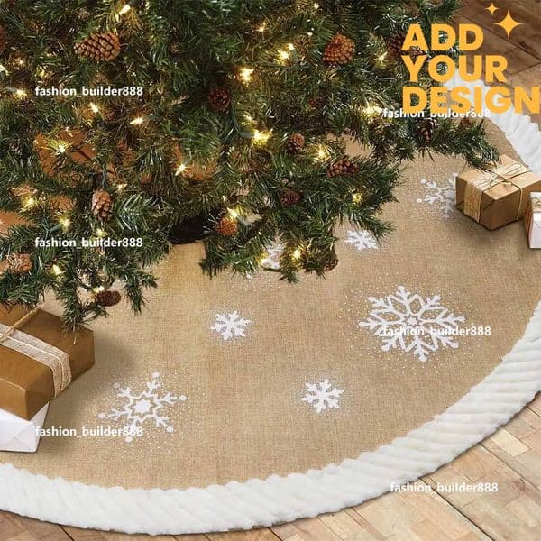 Custom OurWarm 48inch Christmas White Snowflake, Burlap Tree Skirt with Fur Sides for Xmas Festive Holiday Decor