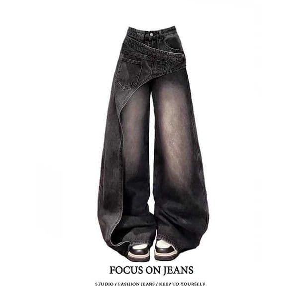 ZHIZOU Women Black Gothic Jeans Baggy Asymmetric Y2K Japanese Harajuku 2000s Streetwear Loose Wide Leg Jeans Pants Clothing C251110