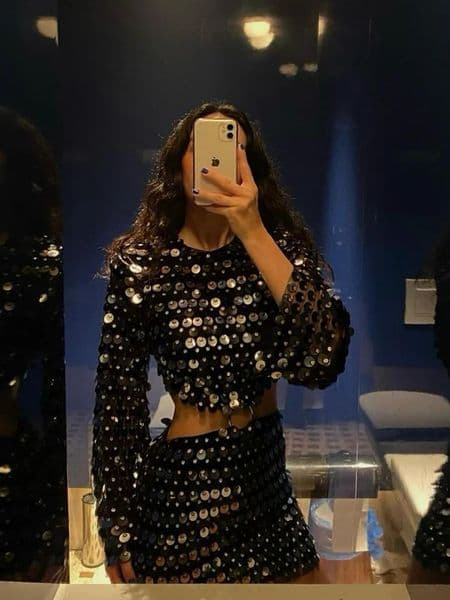 Sparkling hollow mini dress for women fashionable long flash sleeves ultra-thin flash dress street party club mini vest 250403
