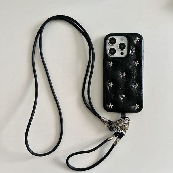Black Oil Wax Leather Pentagram Rivet Phone Case Compatible with iPhone 17/16 Simple Anti-drop iPhone 15/14 Pro Niche