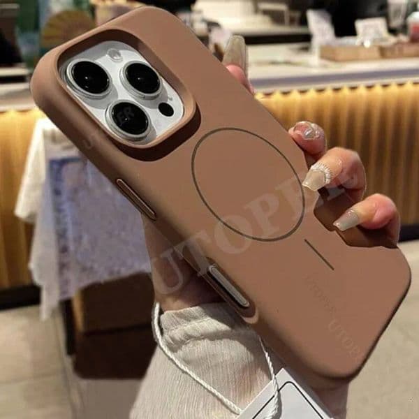 Luxury Liquid Silicone Phone Case iPhone 16 15 14 13 12 11 Pro Max Plus Brown Wireless Charge Magnetic for Magsafe Cover