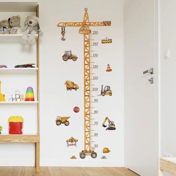Cartoon Crane Construction Height Chart Wall Sticker Kids Growth Measurement Decal Removable SelfAdhesive Vinyl For Nursery 251107